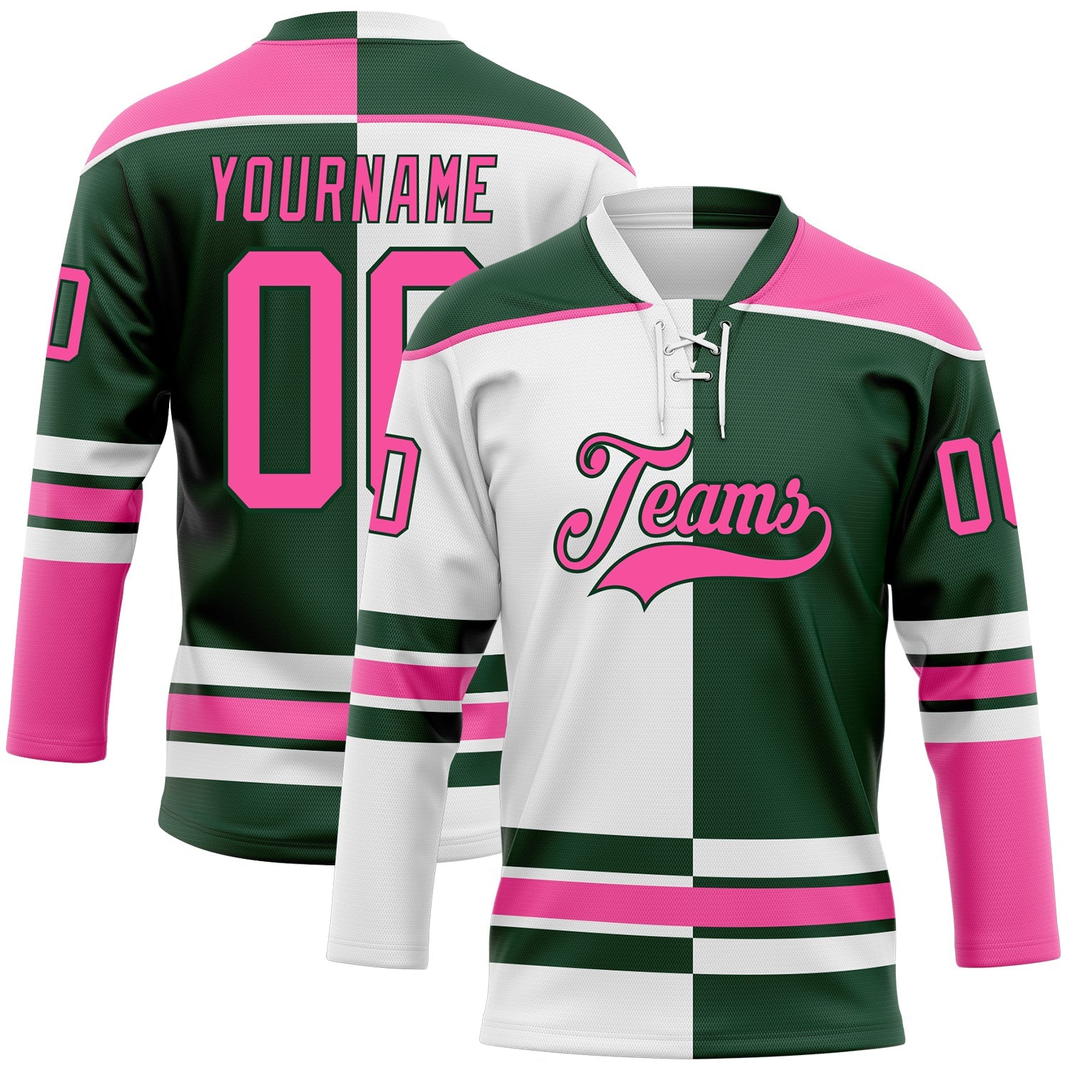 Custom Green Pink-White Split Fashion Hockey Lace Neck Jersey - Main View