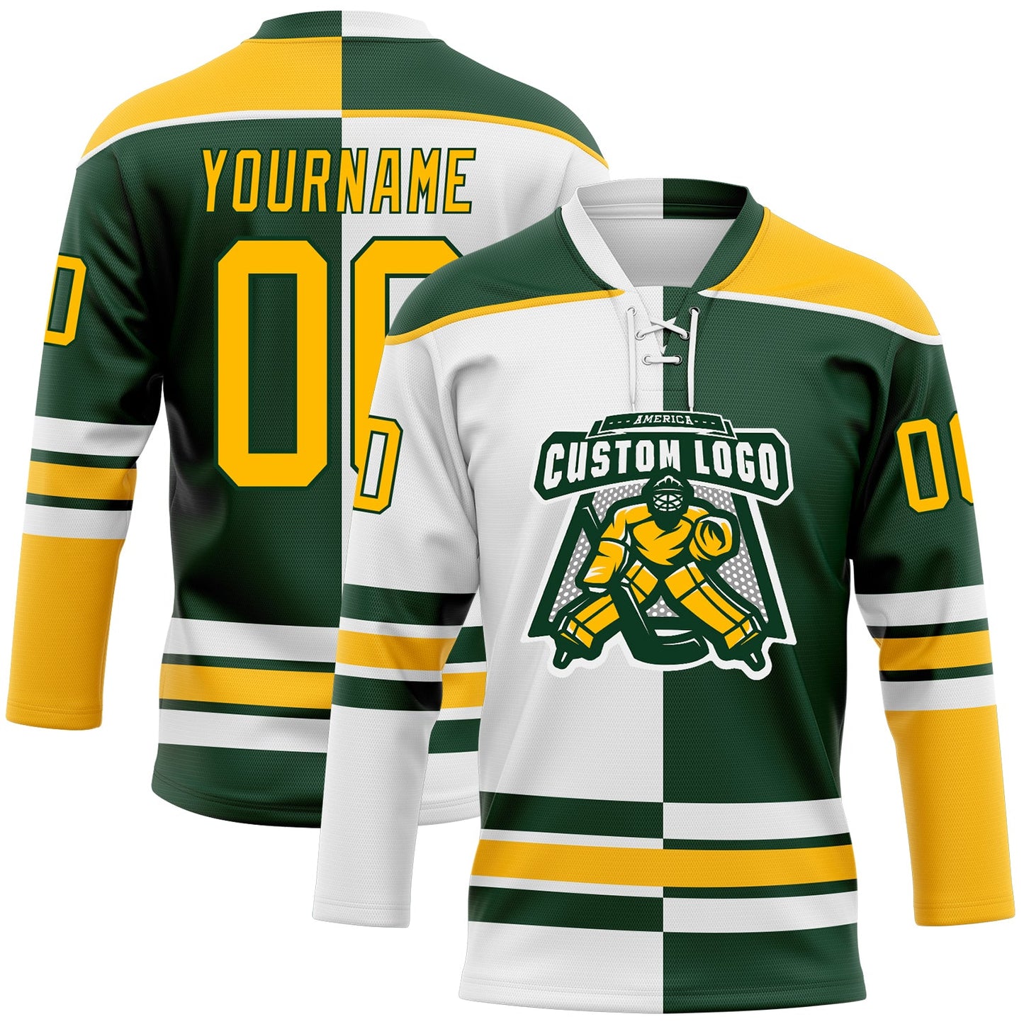 Custom Green Gold-White Split Fashion Hockey Lace Neck Jersey view 2