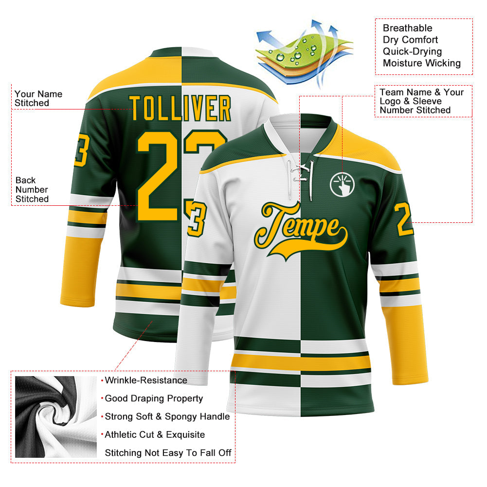 Custom Green Gold-White Split Fashion Hockey Lace Neck Jersey view 3