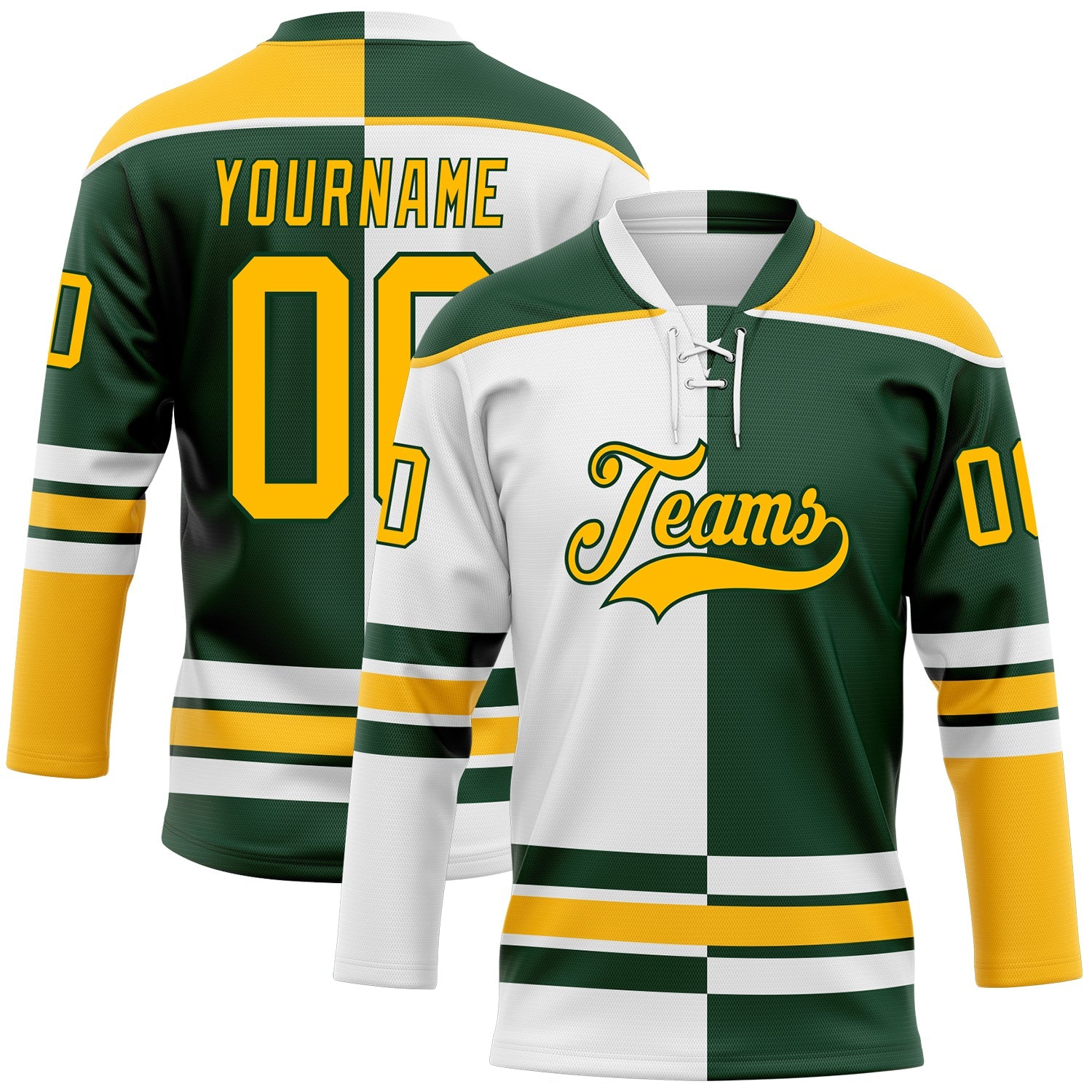 Custom Green Gold-White Split Fashion Hockey Lace Neck Jersey - Main View