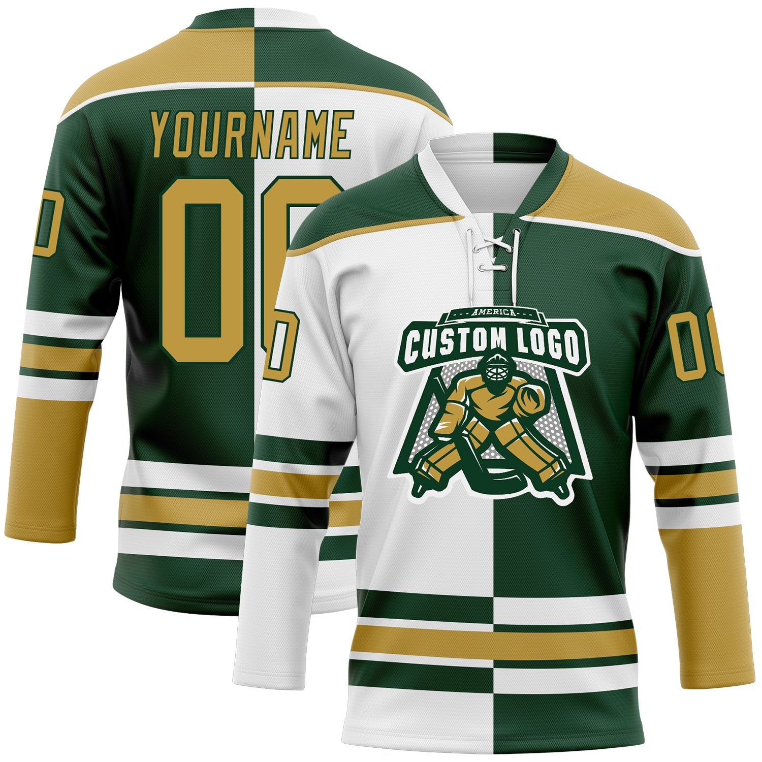 Custom Green Old Gold-White Split Fashion Hockey Lace Neck Jersey view 2