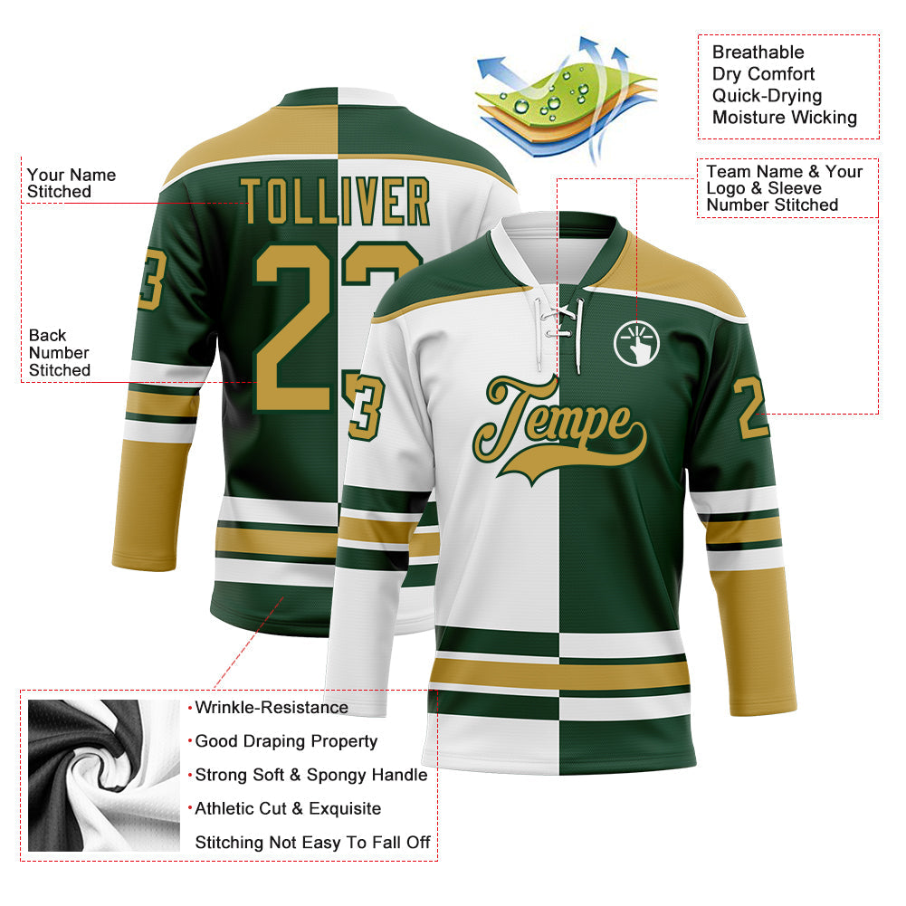 Custom Green Old Gold-White Split Fashion Hockey Lace Neck Jersey view 3