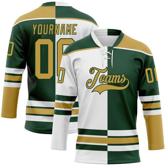 Custom Green Old Gold-White Split Fashion Hockey Lace Neck Jersey - Main View