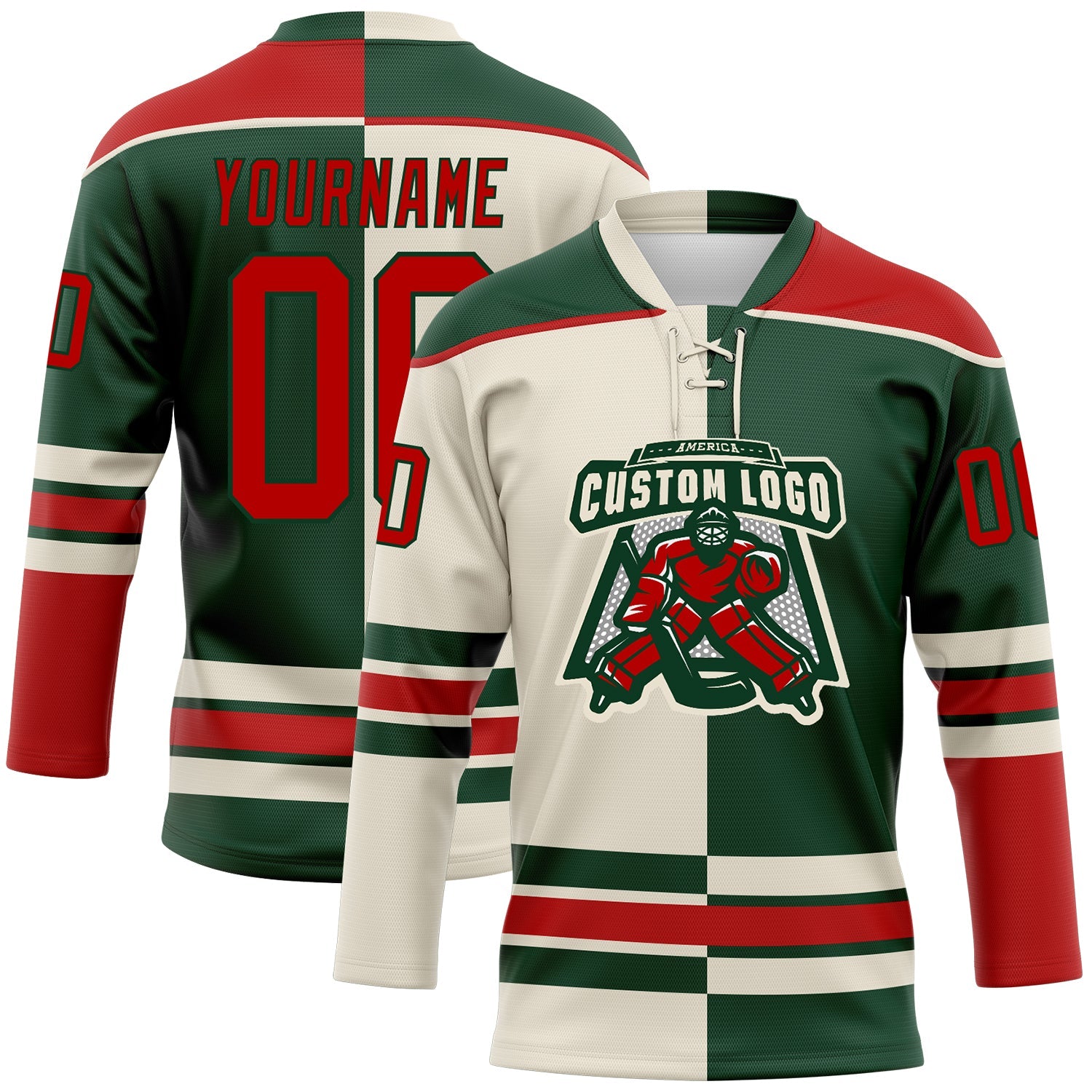 Custom Green Red-Cream Split Fashion Hockey Lace Neck Jersey view 2