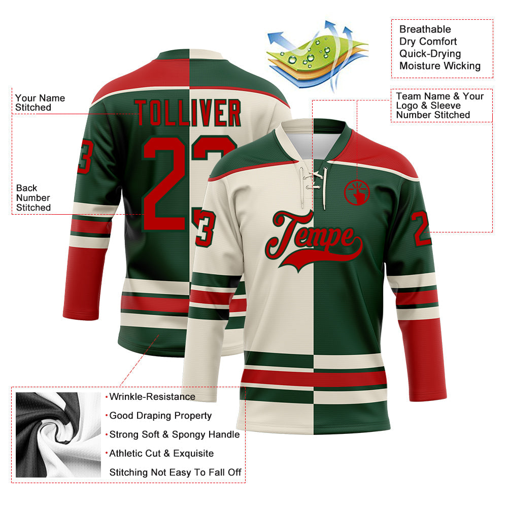 Custom Green Red-Cream Split Fashion Hockey Lace Neck Jersey view 3