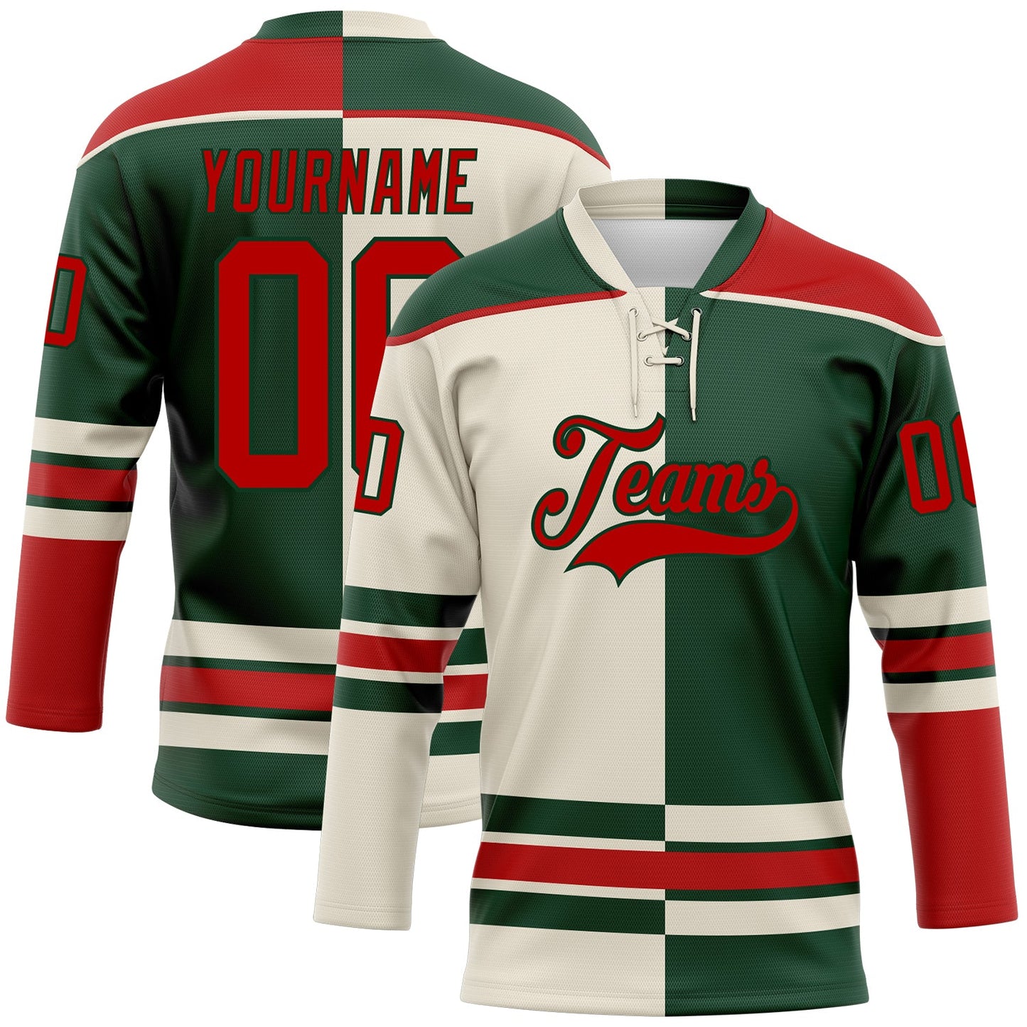 Custom Green Red-Cream Split Fashion Hockey Lace Neck Jersey - Main View