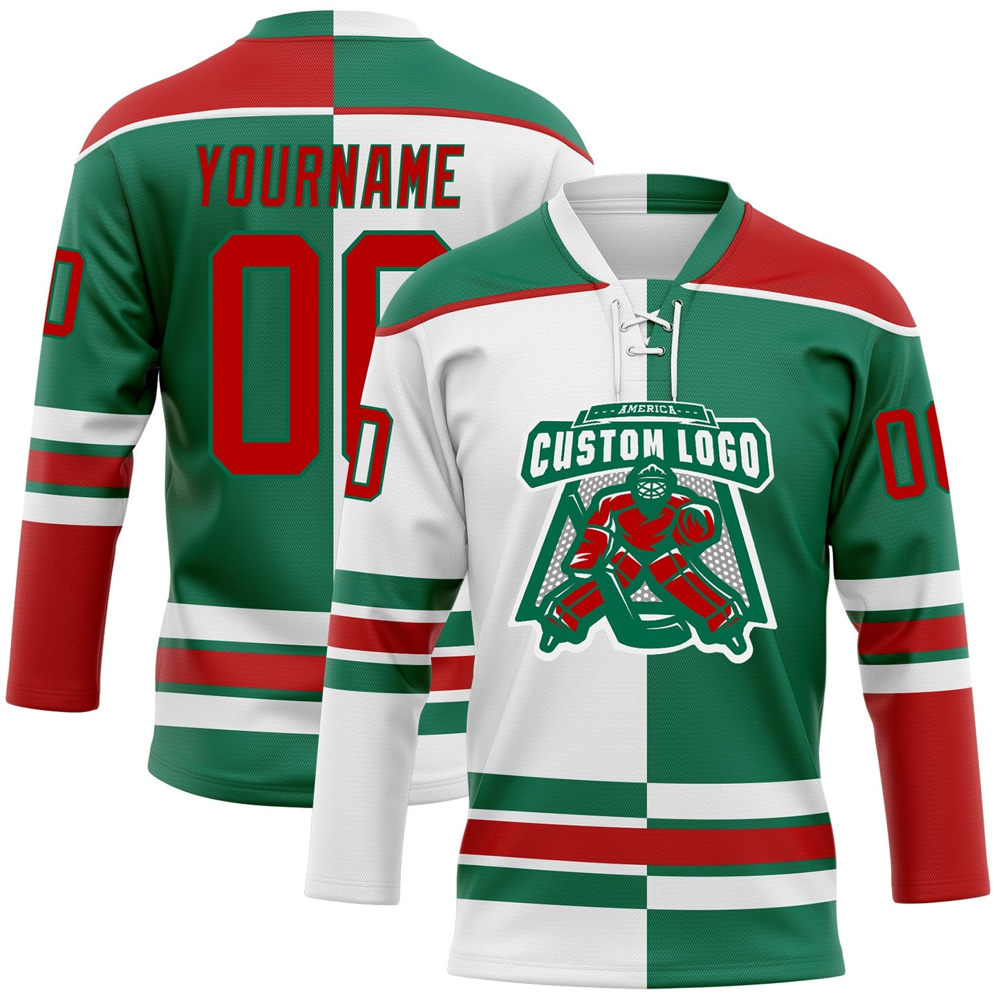 Custom Kelly Green Red-White Split Fashion Hockey Lace Neck Jersey view 2