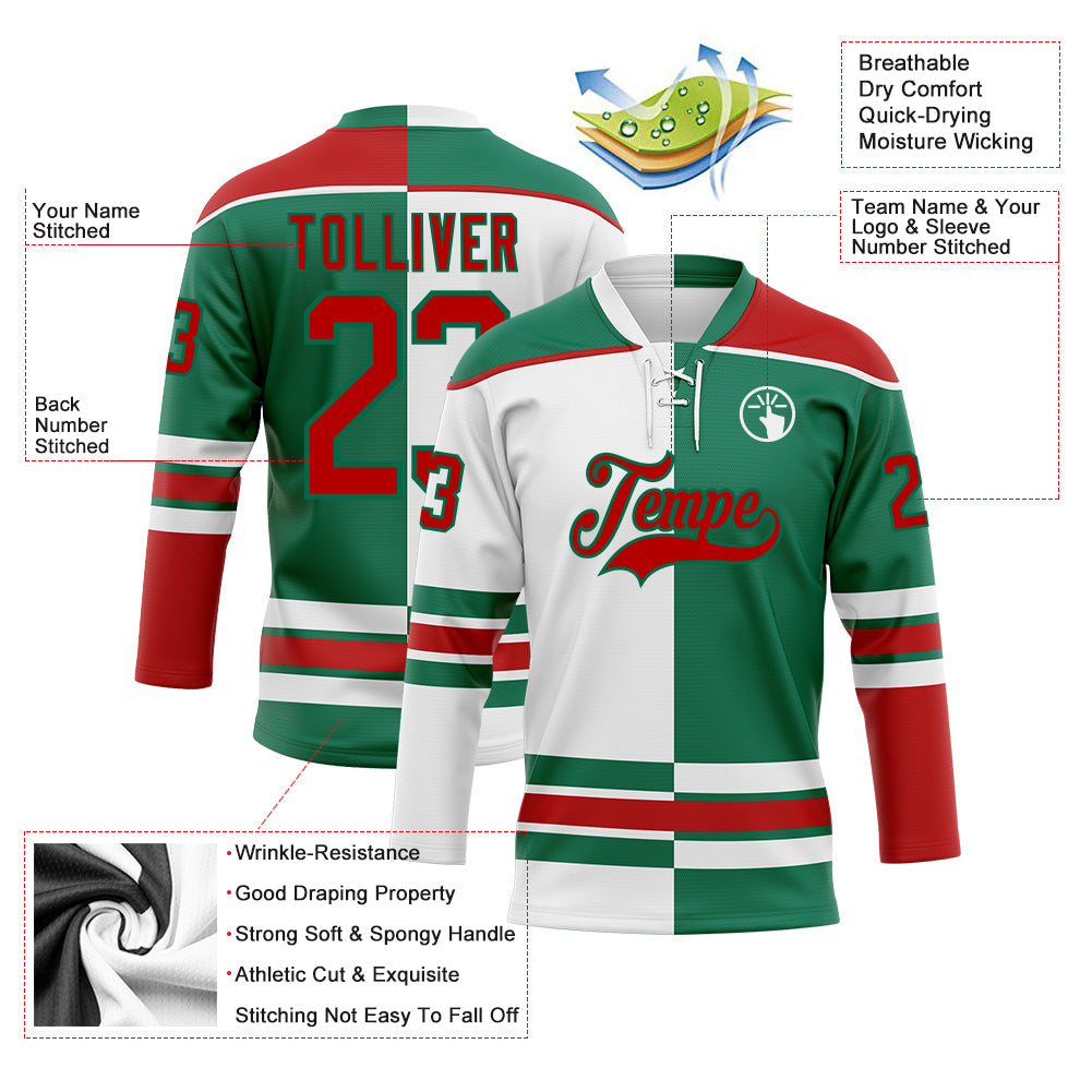 Custom Kelly Green Red-White Split Fashion Hockey Lace Neck Jersey view 3