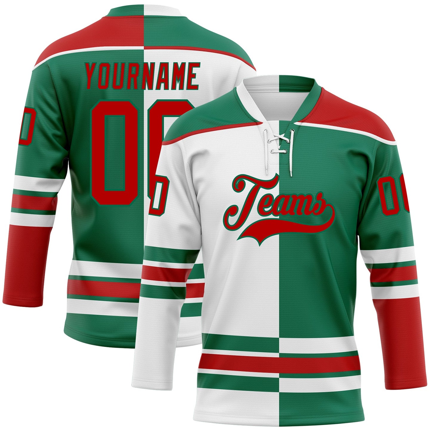 Custom Kelly Green Red-White Split Fashion Hockey Lace Neck Jersey - Main View