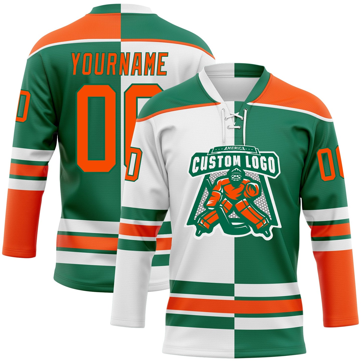 Custom Kelly Green Orange-White Split Fashion Hockey Lace Neck Jersey view 2