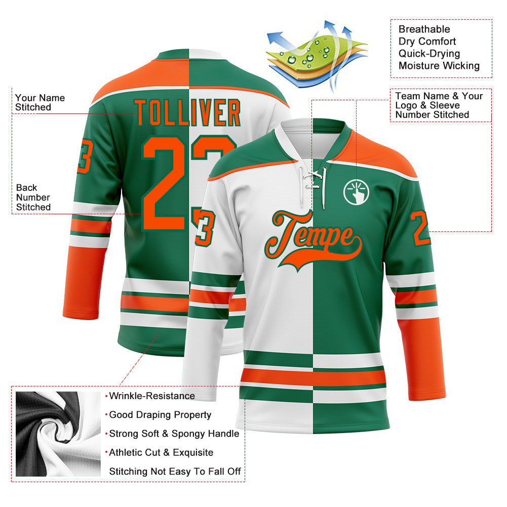 Custom Kelly Green Orange-White Split Fashion Hockey Lace Neck Jersey view 3
