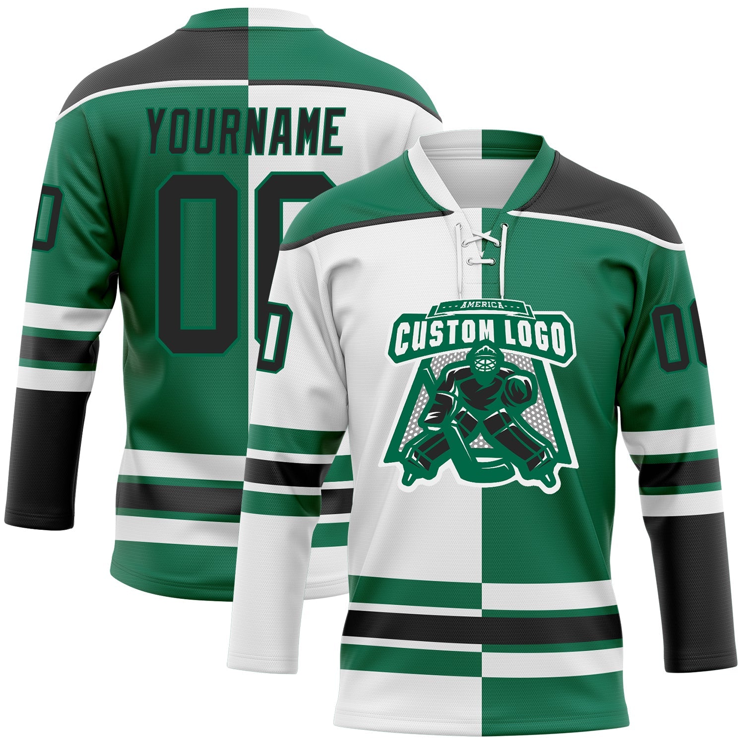Custom Kelly Green Black-White Split Fashion Hockey Lace Neck Jersey view 2
