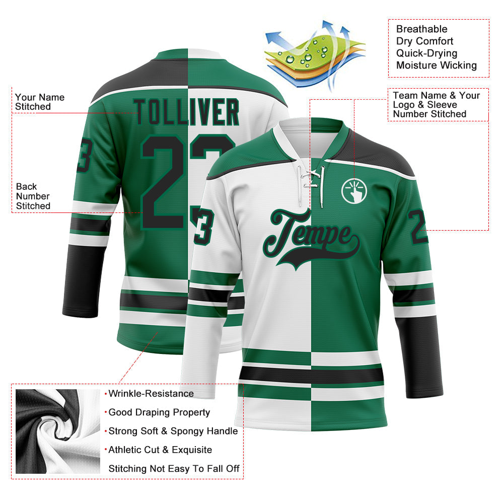 Custom Kelly Green Black-White Split Fashion Hockey Lace Neck Jersey view 3