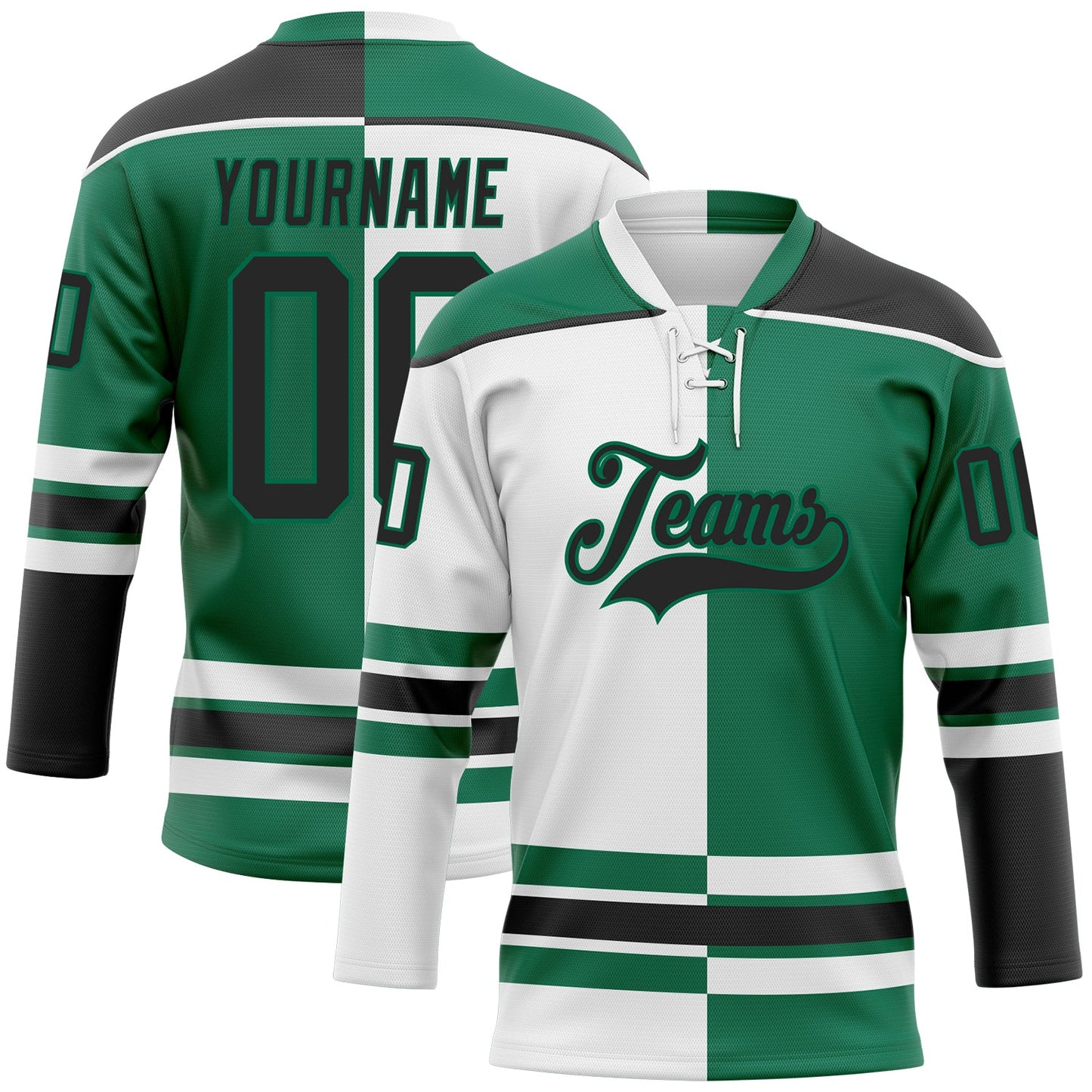 Custom Kelly Green Black-White Split Fashion Hockey Lace Neck Jersey - Main View