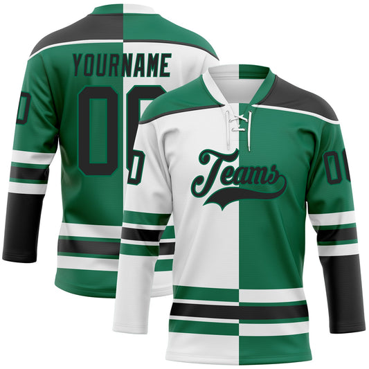 Custom Kelly Green Black-White Split Fashion Hockey Lace Neck Jersey - Main View
