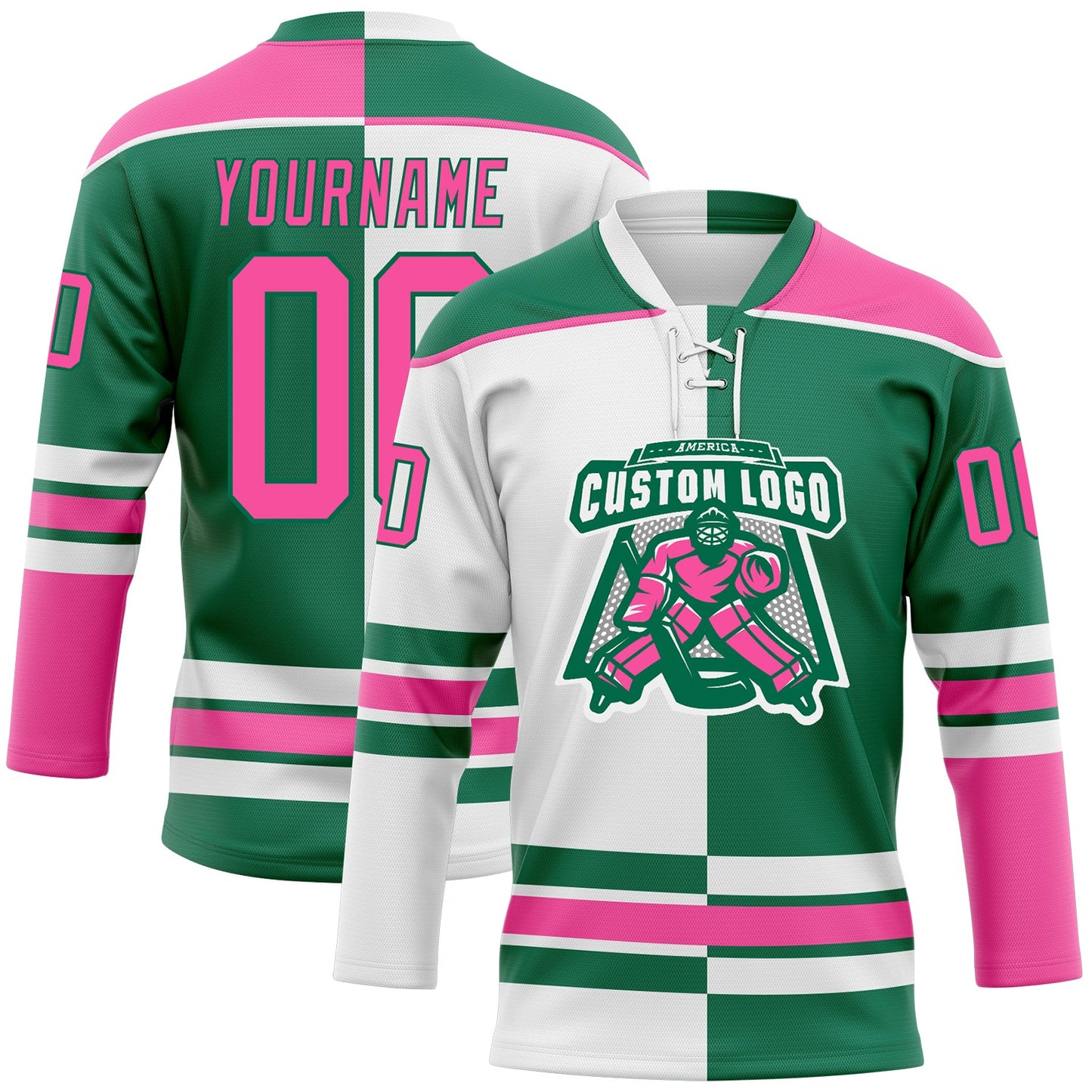 Custom Kelly Green Pink-White Split Fashion Hockey Lace Neck Jersey view 2