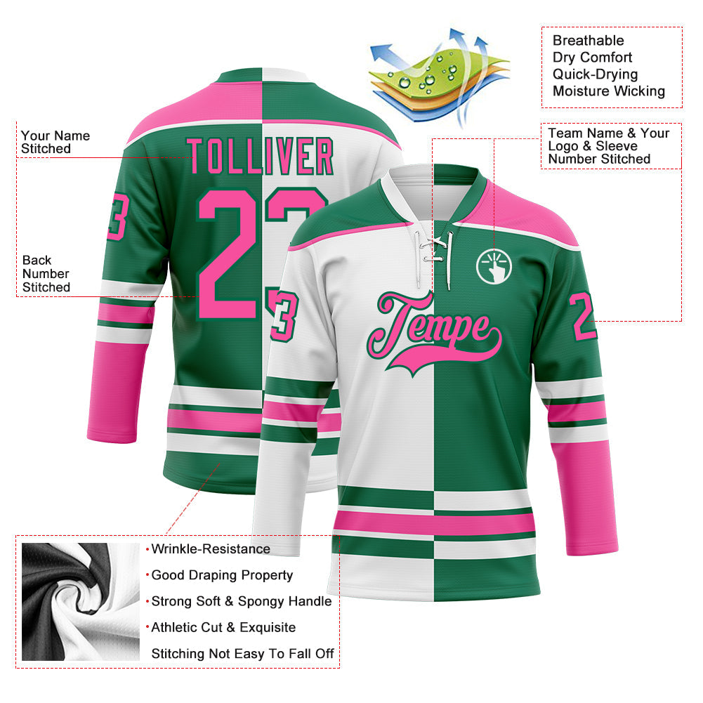 Custom Kelly Green Pink-White Split Fashion Hockey Lace Neck Jersey view 3