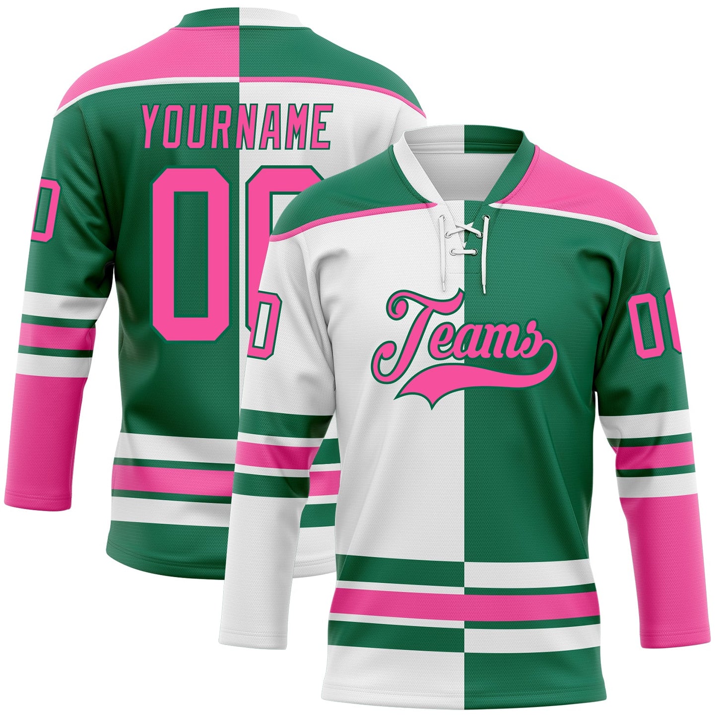 Custom Kelly Green Pink-White Split Fashion Hockey Lace Neck Jersey - Main View