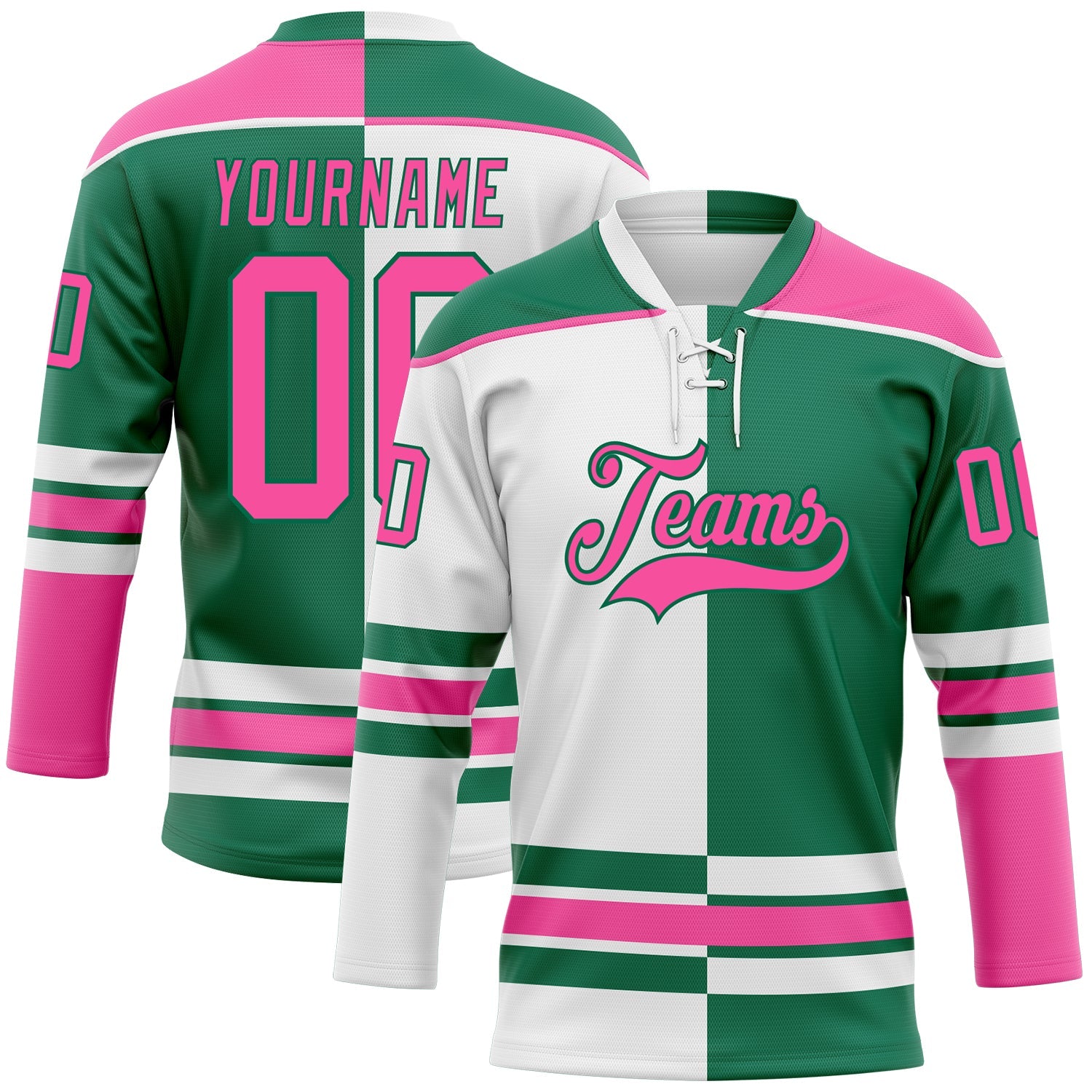 Custom Kelly Green Pink-White Split Fashion Hockey Lace Neck Jersey - Main View