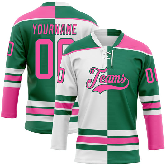 Custom Kelly Green Pink-White Split Fashion Hockey Lace Neck Jersey - Main View