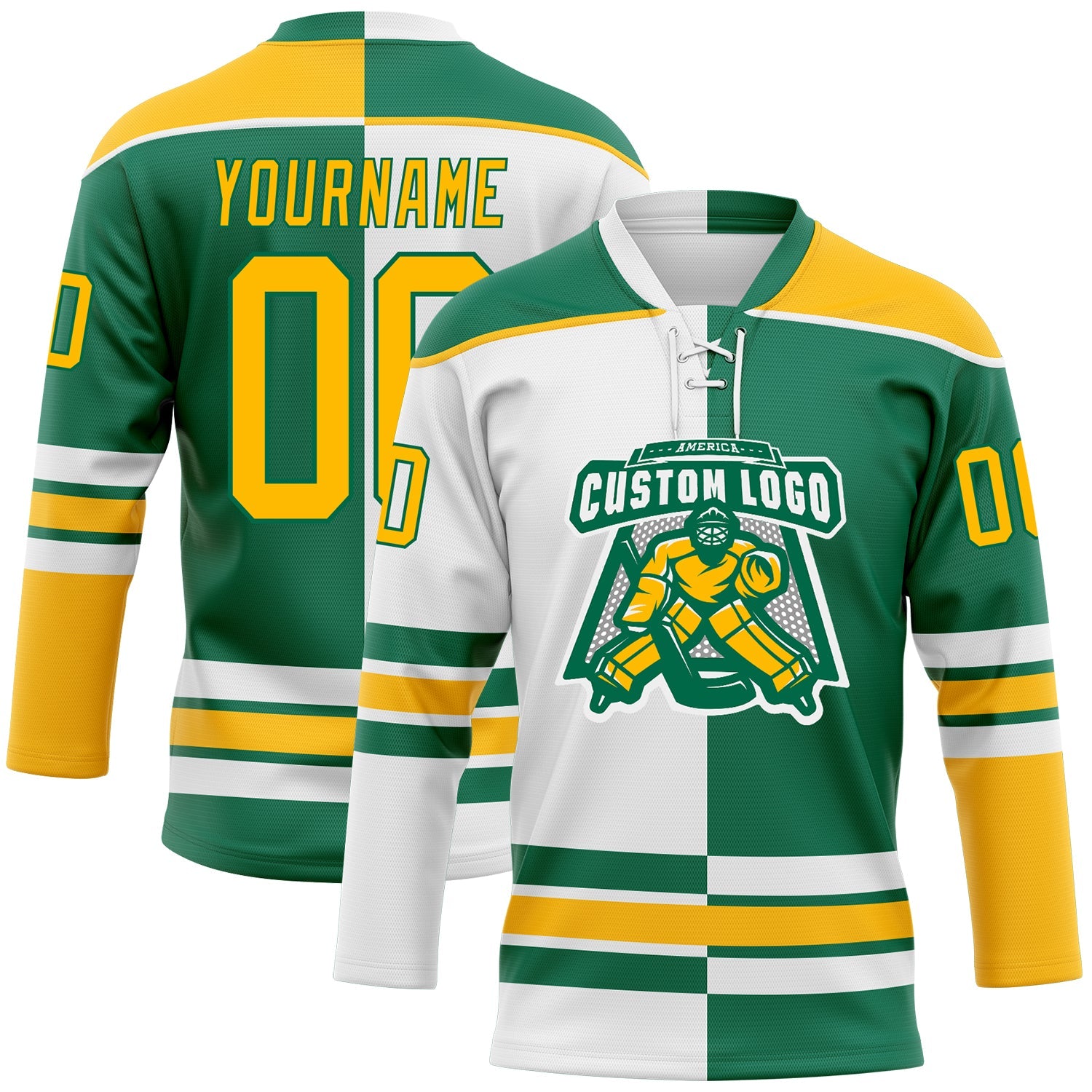 Custom Kelly Green Gold-White Split Fashion Hockey Lace Neck Jersey view 2