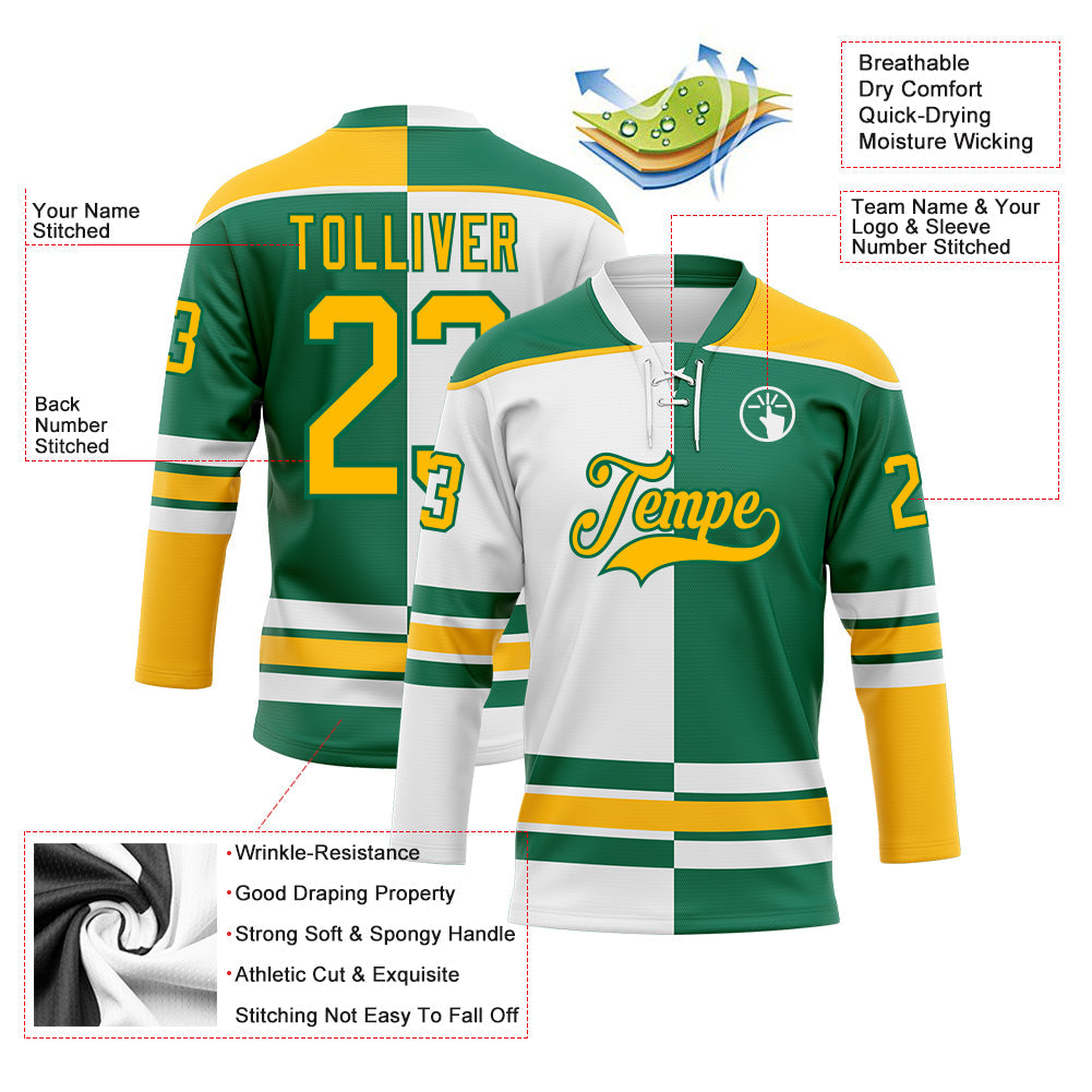 Custom Kelly Green Gold-White Split Fashion Hockey Lace Neck Jersey view 3