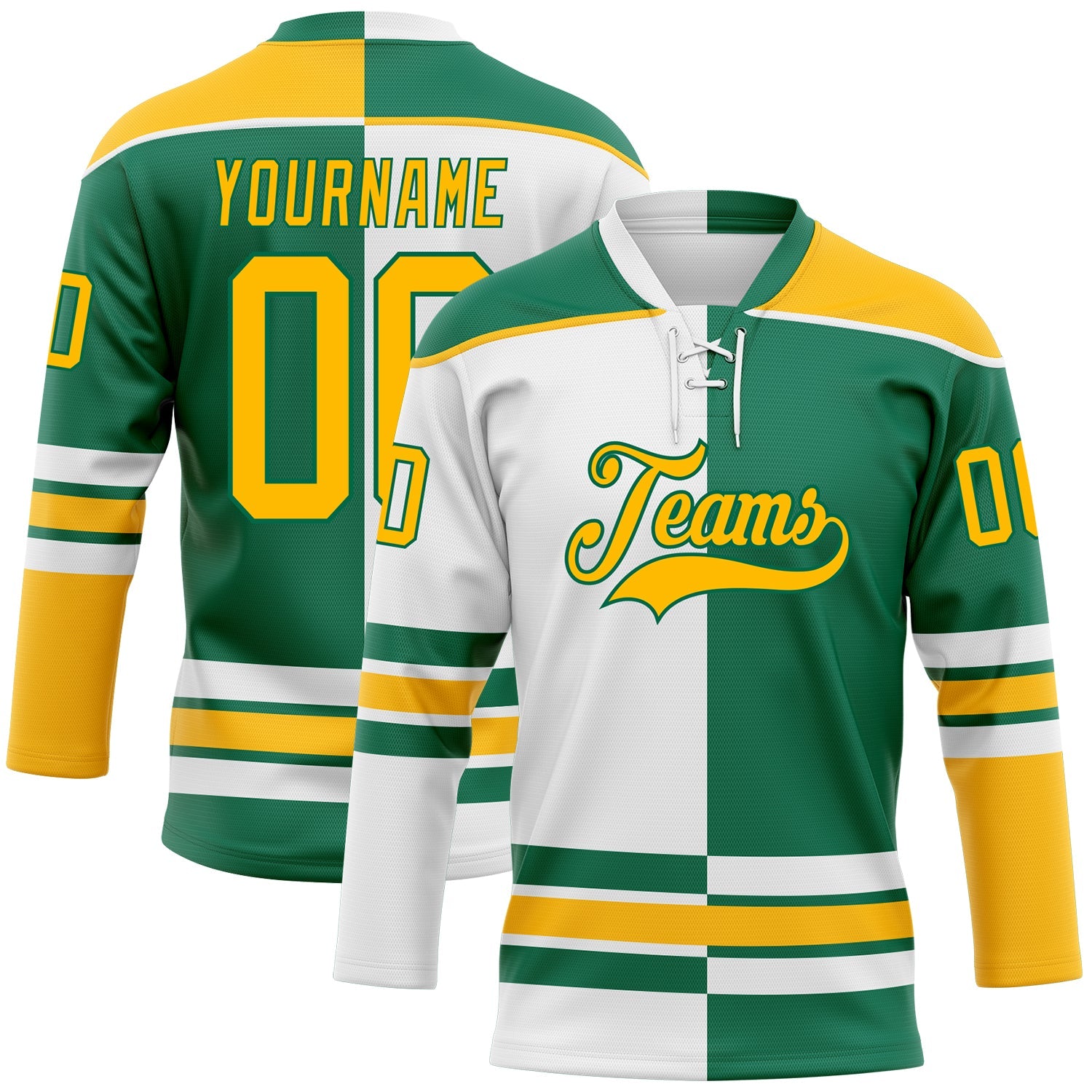 Custom Kelly Green Gold-White Split Fashion Hockey Lace Neck Jersey - Main View