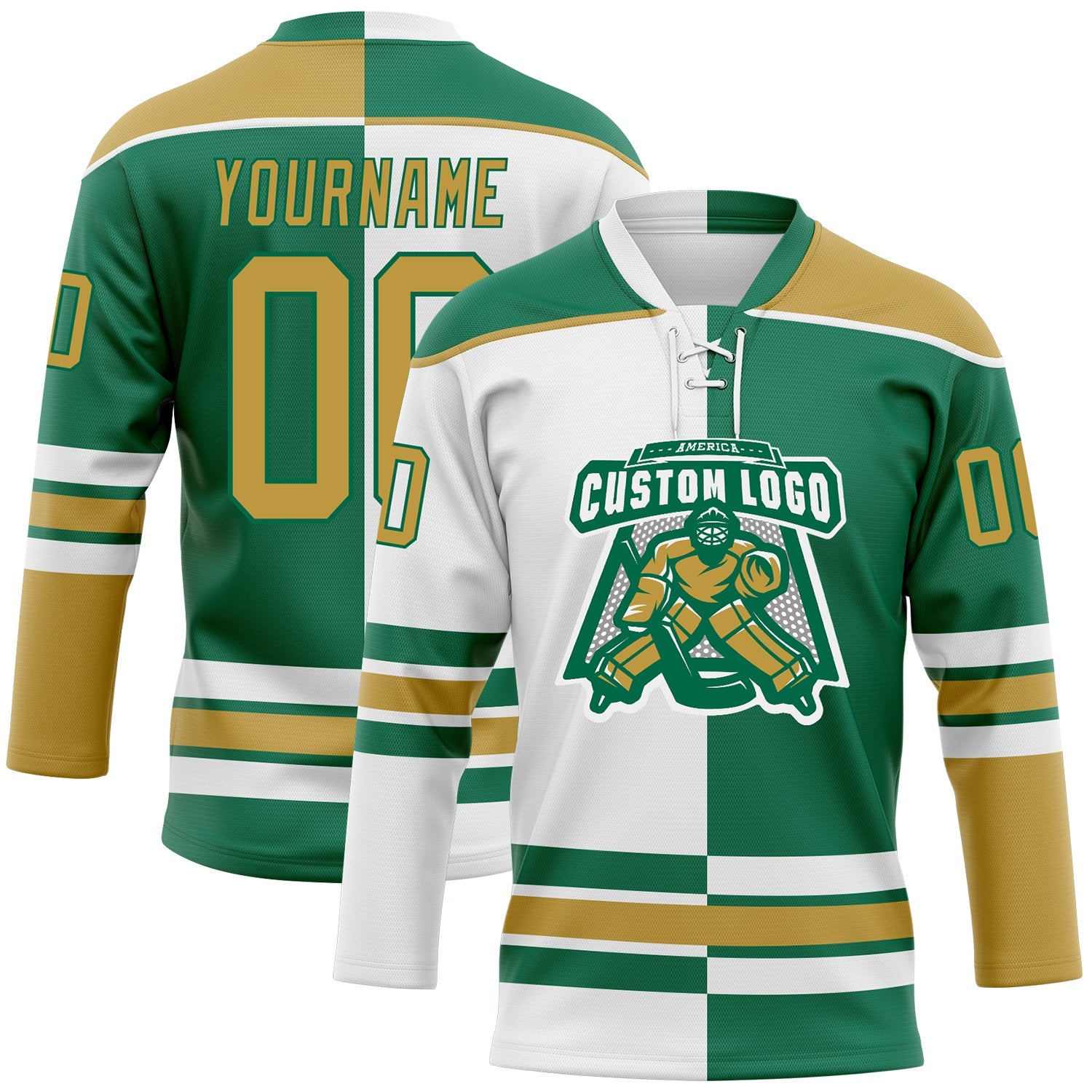 Custom Kelly Green Old Gold-White Split Fashion Hockey Lace Neck Jersey view 2