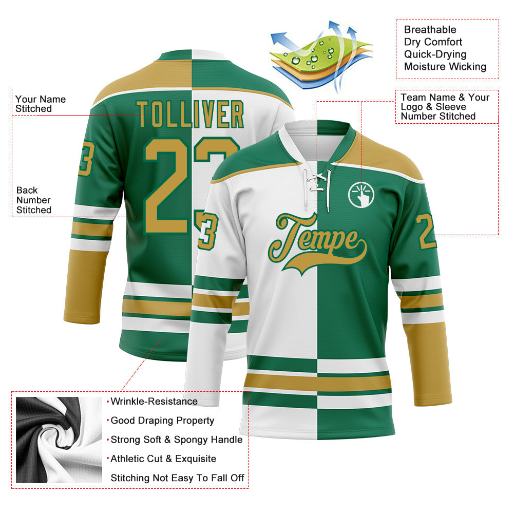 Custom Kelly Green Old Gold-White Split Fashion Hockey Lace Neck Jersey view 3