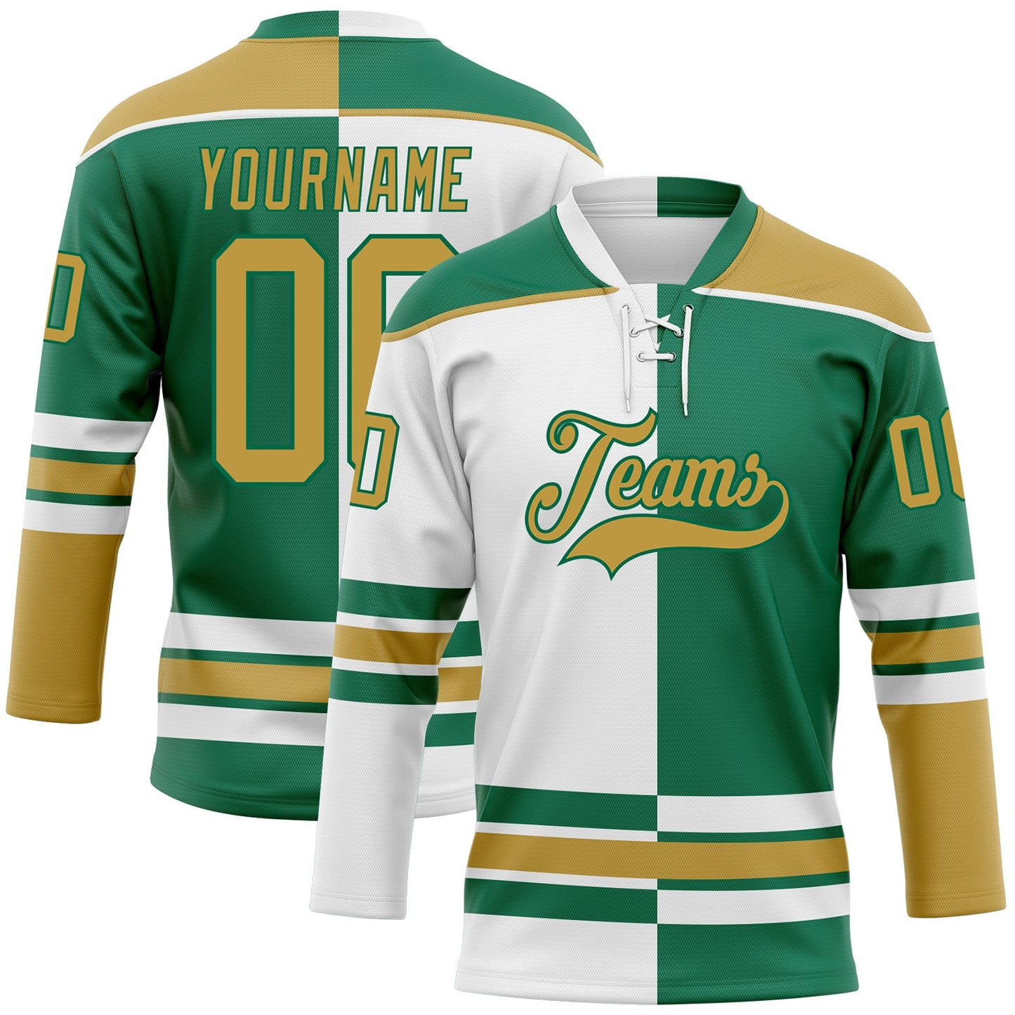 Custom Kelly Green Old Gold-White Split Fashion Hockey Lace Neck Jersey - Main View