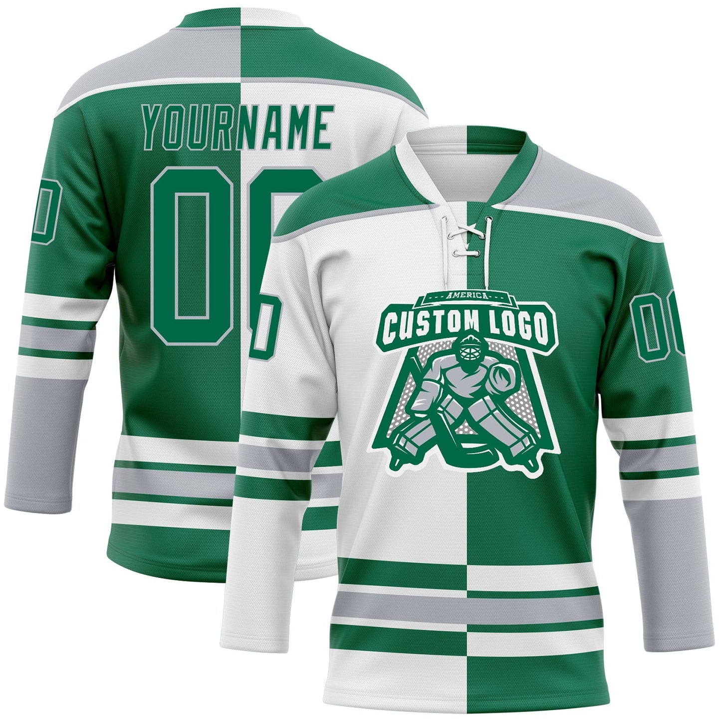 Custom Kelly Green Gray-White Split Fashion Hockey Lace Neck Jersey view 2