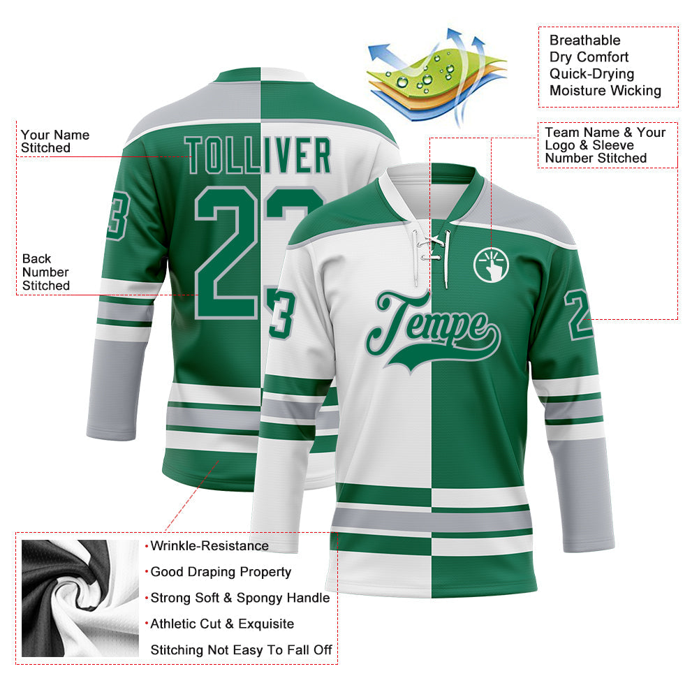Custom Kelly Green Gray-White Split Fashion Hockey Lace Neck Jersey view 3