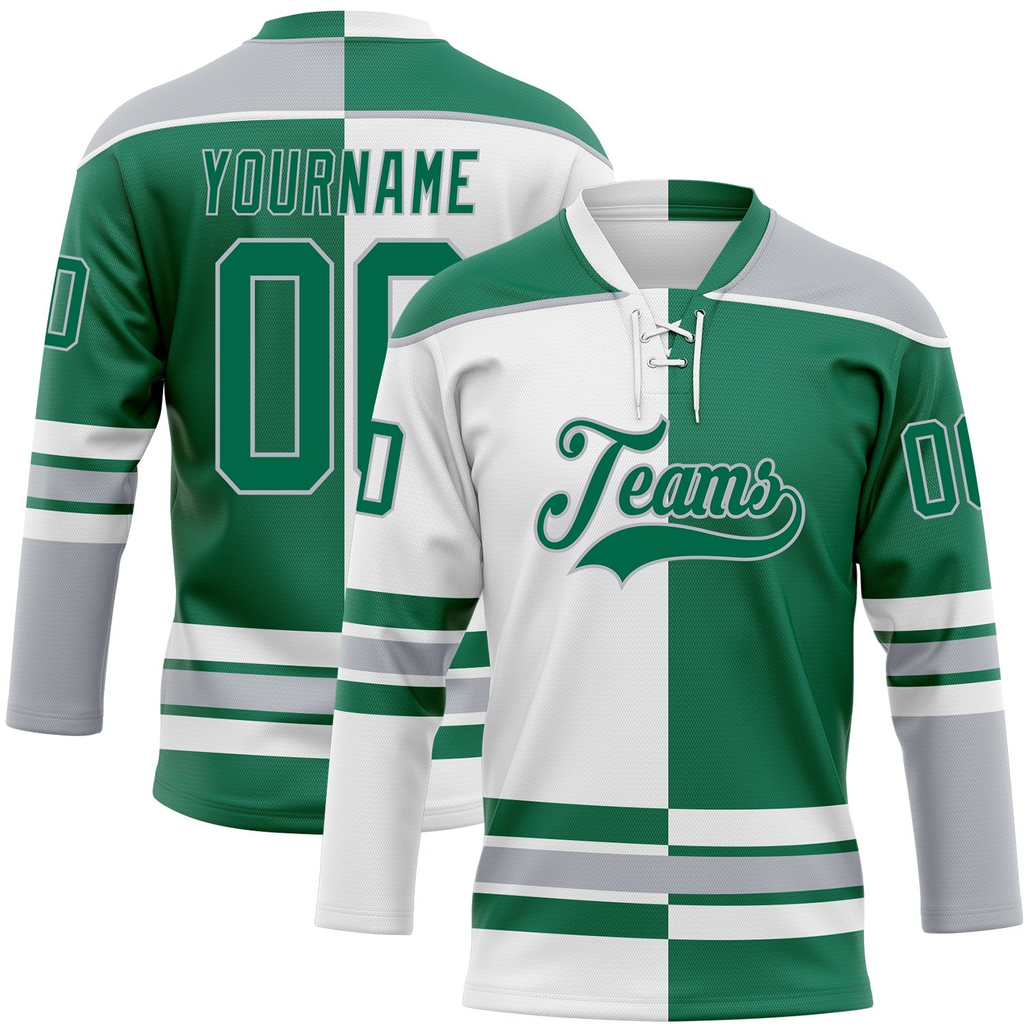 Custom Kelly Green Gray-White Split Fashion Hockey Lace Neck Jersey - Main View