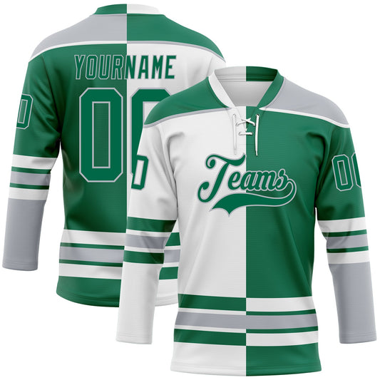Custom Kelly Green Gray-White Split Fashion Hockey Lace Neck Jersey - Main View