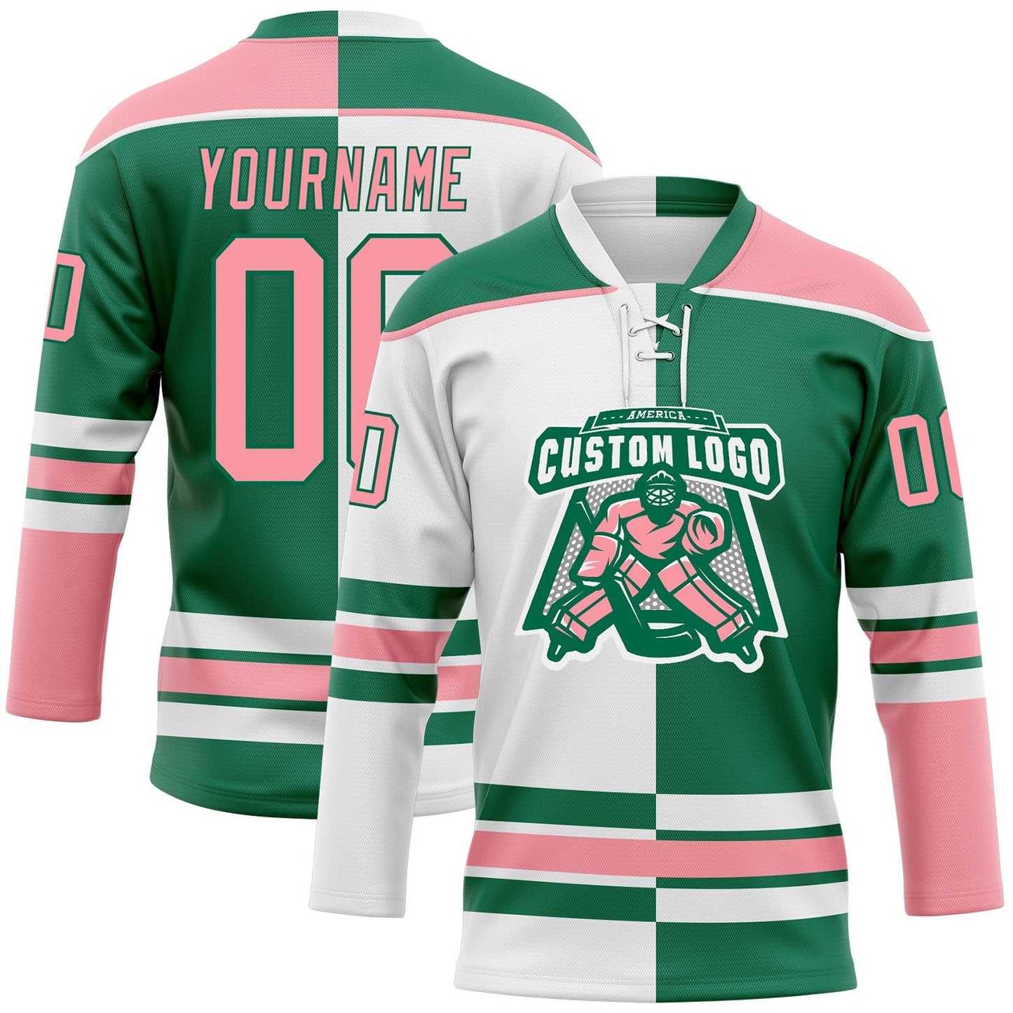 Custom Kelly Green Medium Pink-White Split Fashion Hockey Lace Neck Jersey view 2