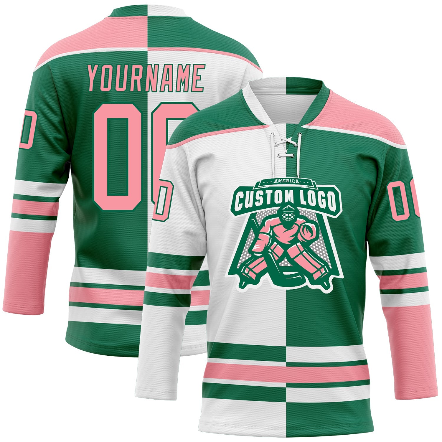 Custom Kelly Green Medium Pink-White Split Fashion Hockey Lace Neck Jersey view 2