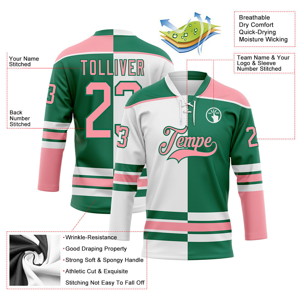 Custom Kelly Green Medium Pink-White Split Fashion Hockey Lace Neck Jersey view 3