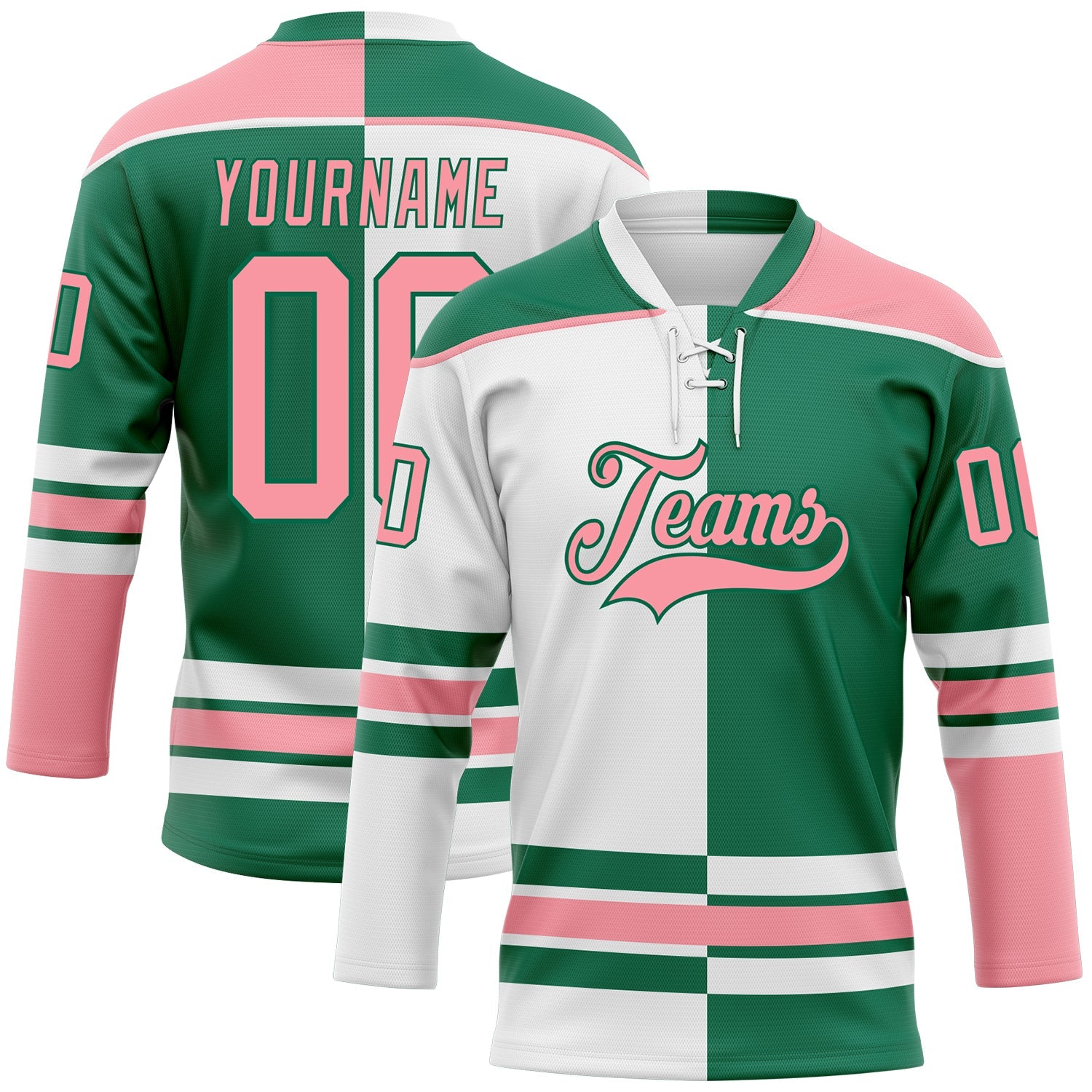 Custom Kelly Green Medium Pink-White Split Fashion Hockey Lace Neck Jersey - Main View