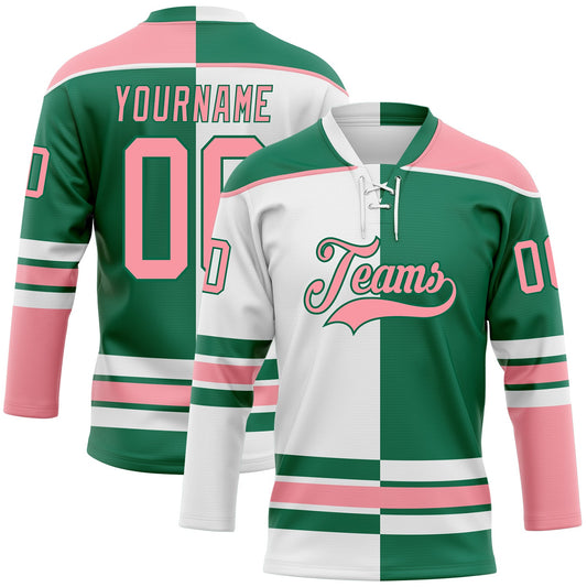 Custom Kelly Green Medium Pink-White Split Fashion Hockey Lace Neck Jersey - Main View