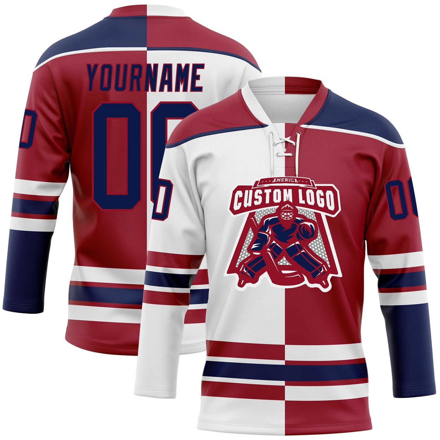 Custom Maroon Navy-White Split Fashion Hockey Lace Neck Jersey view 2