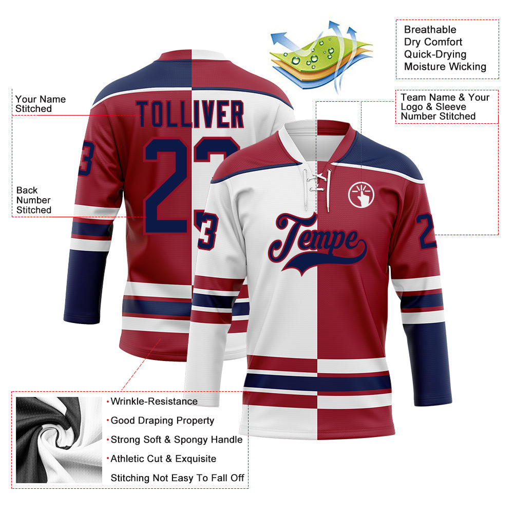 Custom Maroon Navy-White Split Fashion Hockey Lace Neck Jersey view 3