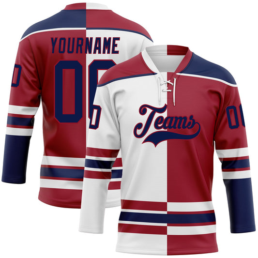 Custom Maroon Navy-White Split Fashion Hockey Lace Neck Jersey - Main View