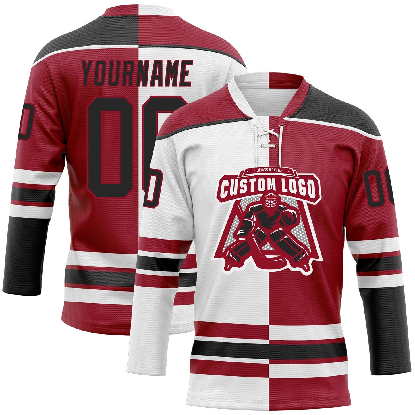 Custom Maroon Black-White Split Fashion Hockey Lace Neck Jersey view 2