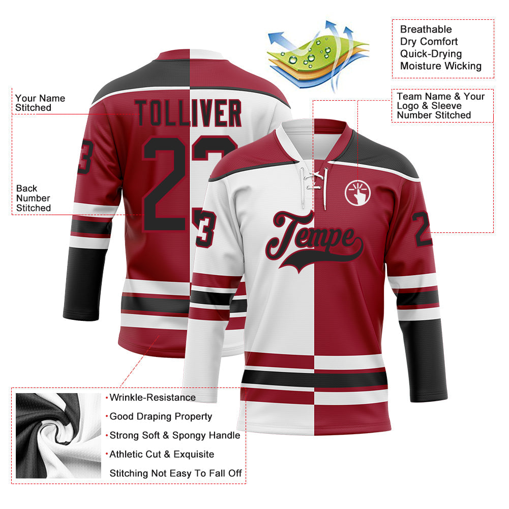Custom Maroon Black-White Split Fashion Hockey Lace Neck Jersey view 3