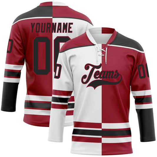 Custom Maroon Black-White Split Fashion Hockey Lace Neck Jersey - Main View