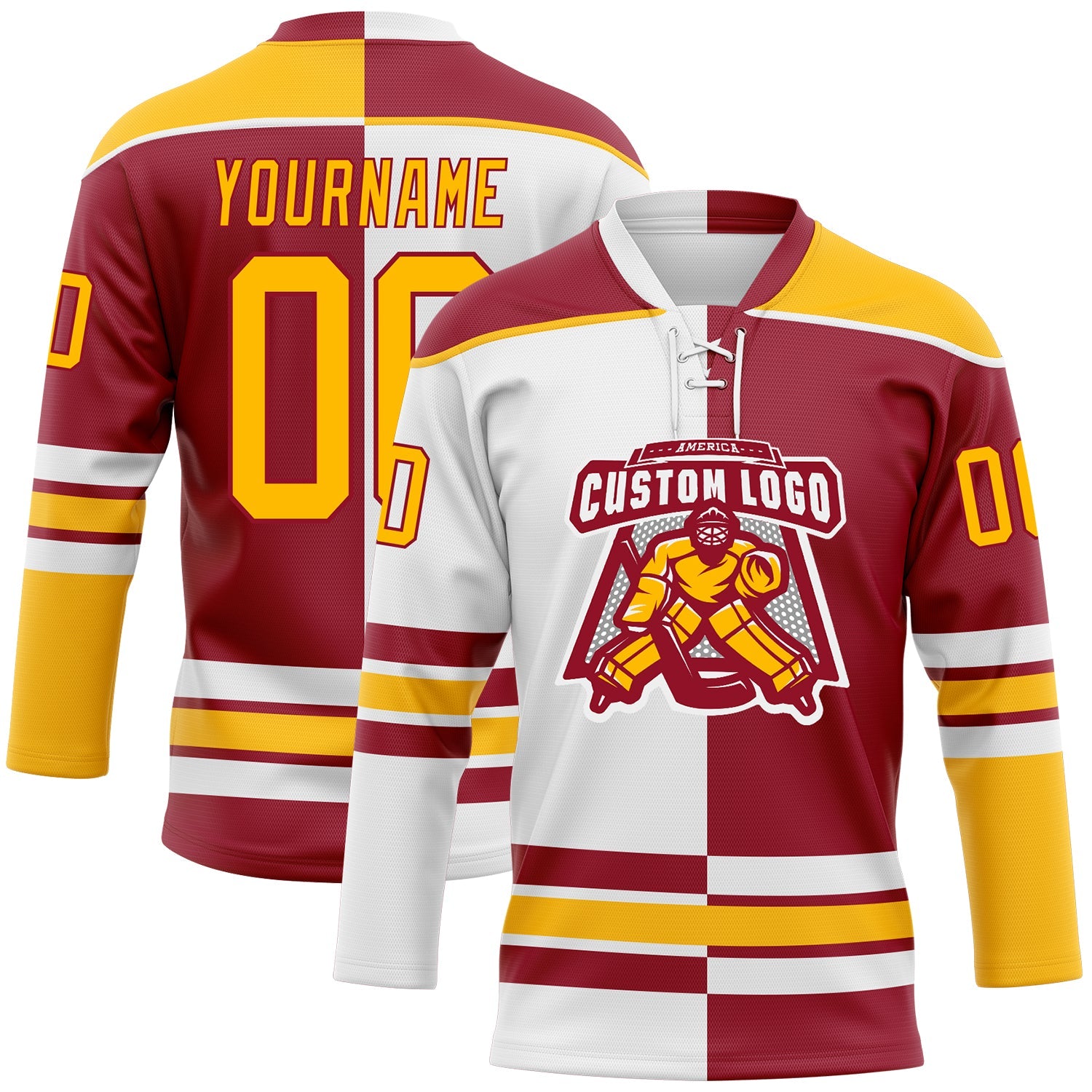 Custom Maroon Gold-White Split Fashion Hockey Lace Neck Jersey view 2