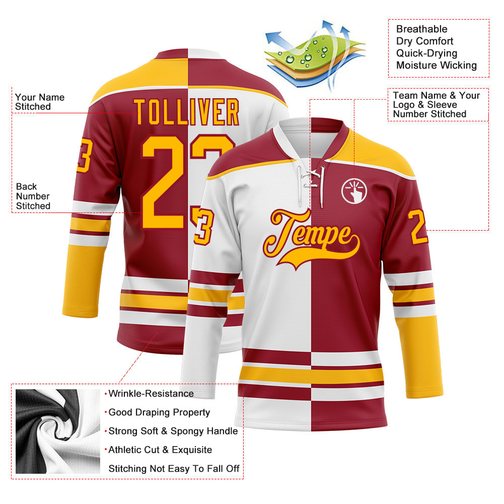 Custom Maroon Gold-White Split Fashion Hockey Lace Neck Jersey view 3