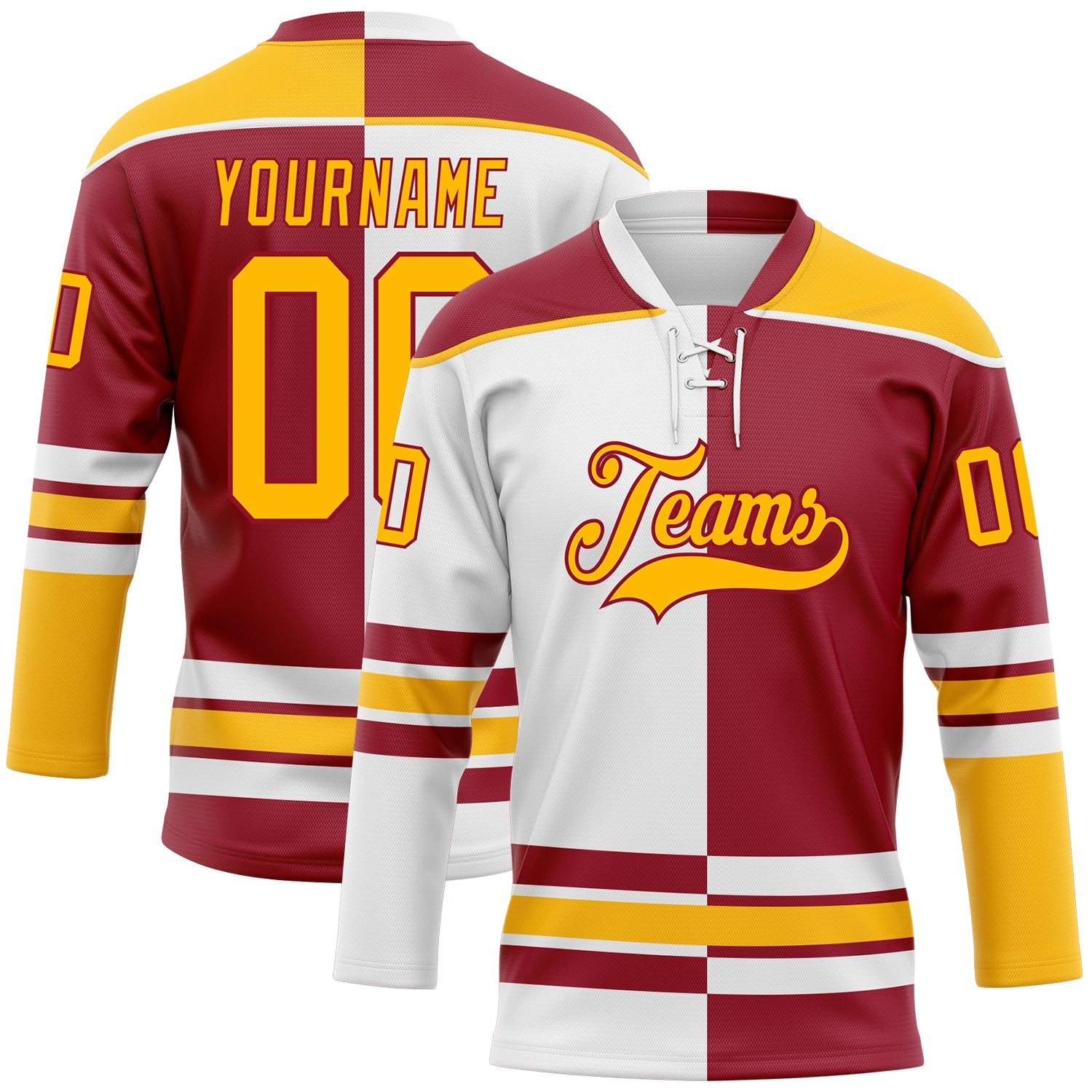Custom Maroon Gold-White Split Fashion Hockey Lace Neck Jersey - Main View