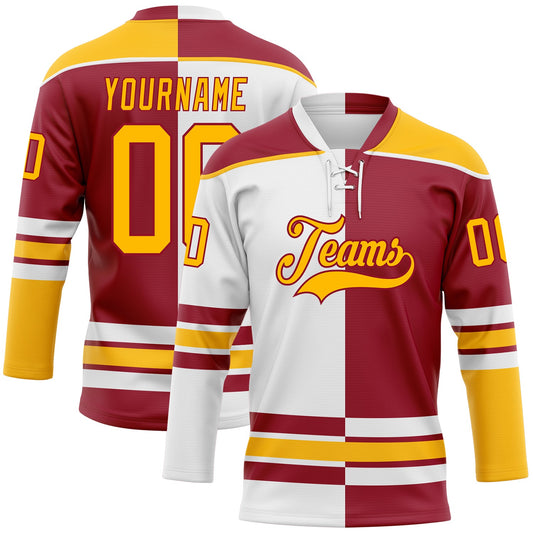Custom Maroon Gold-White Split Fashion Hockey Lace Neck Jersey - Main View