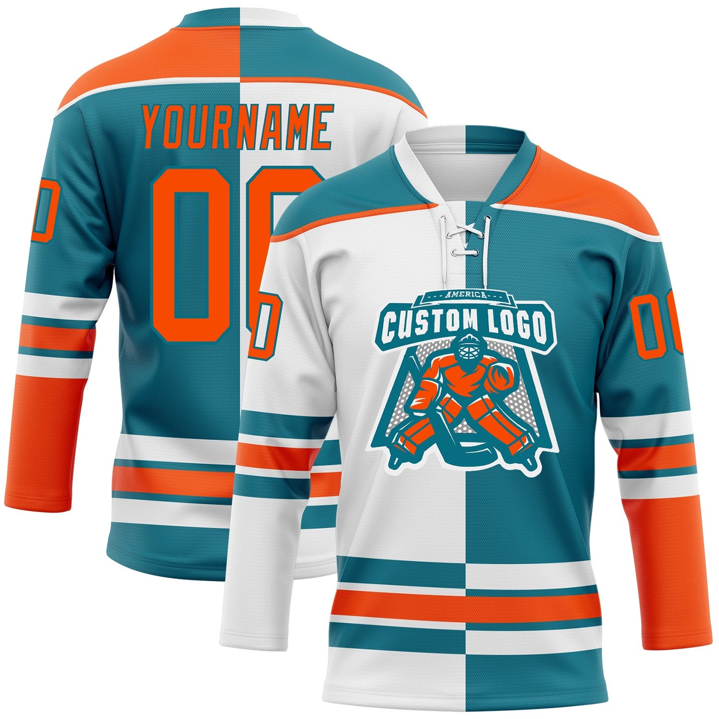 Custom Teal Orange-White Split Fashion Hockey Lace Neck Jersey view 2